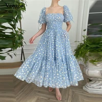 verngo pastrol baby blue tulle with daisies evening party dresses puff short sleeves pockets tea lengt women formal prom gowns