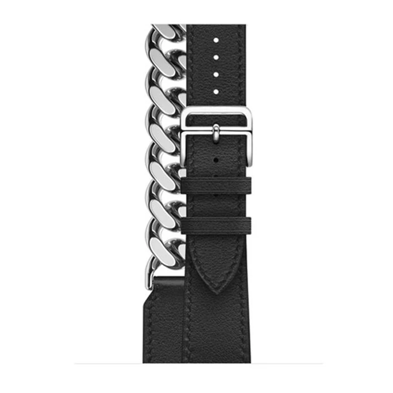 Logo Genuine Gourmette Metal Double Tour Strap For Apple Watch Band Ultra 49mm 44mm 45mm Leather Loop iWatch 42mm 41mm 38mm 40mm