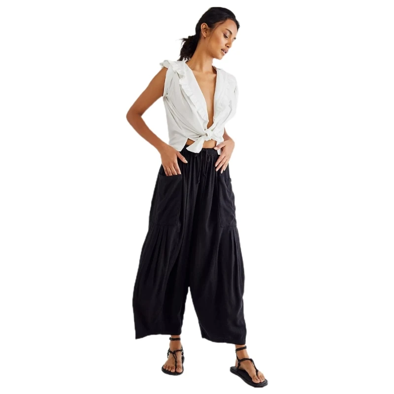 

Женские шаровары в стиле хиппи, однотонные широкие брюки с эластичным поясом, свободные повседневные брюки, женские пляжные брюки в стиле бохо