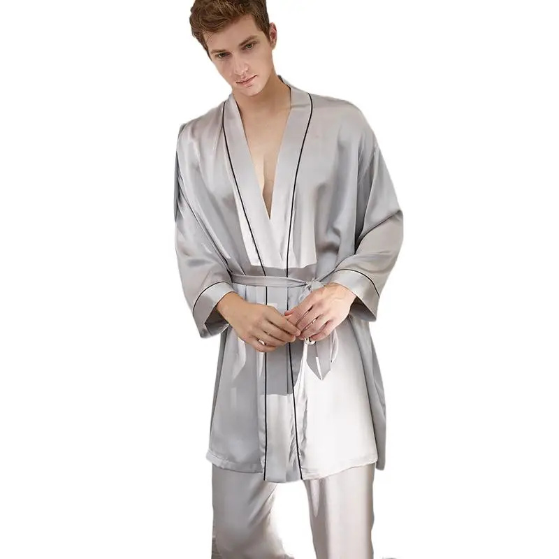 

Silky Luxury 100% Pure Mulberry Silk Mens Pajamas Lightweight Robe Long Pants Set Light Nightwear For Coverage