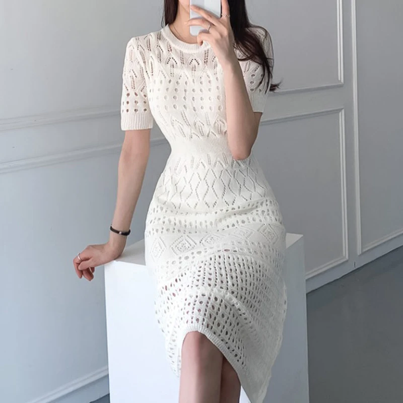 

SHIJIA Korea Chic Elegant Dress Woman Slim Waist Hollow O-neck Apricot Knit Dresses Female 2021 Summer Casual Mid Vestidos