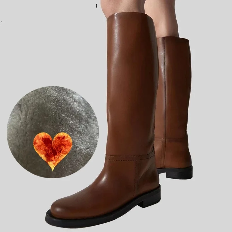 

Women Knee High Boots Full Cow Leather Warm Boots Thick High Heels Motorcycle Boots Punk Shoes Woman High Boots .
