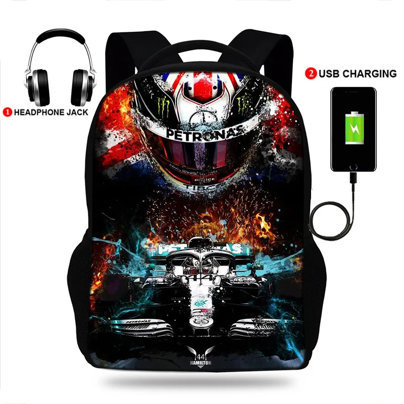 

Lewis Hamilton Backpack for Teenagers Boy School Bags Children Waterproof Oxford USB Charge Design Bag Boy Backpack Schoolbag