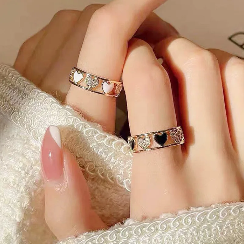 

Trendy Hollow Stainless Steel Cubic Zirconia Gold Color Heart Rings for Women Open Adjustable Finger Ring Fashion Party Jewelry