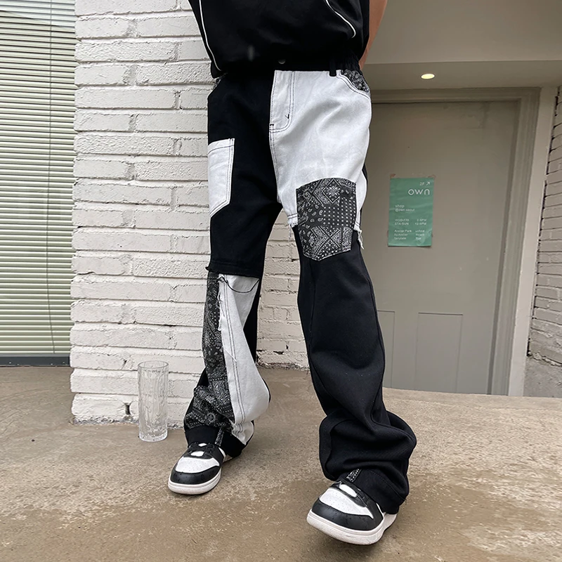 

Color Match Cashew Print Pockets Mens Cargo Pants Patchwork Streetwear Retro Straight Loose Casual Couple Trousers Oversized