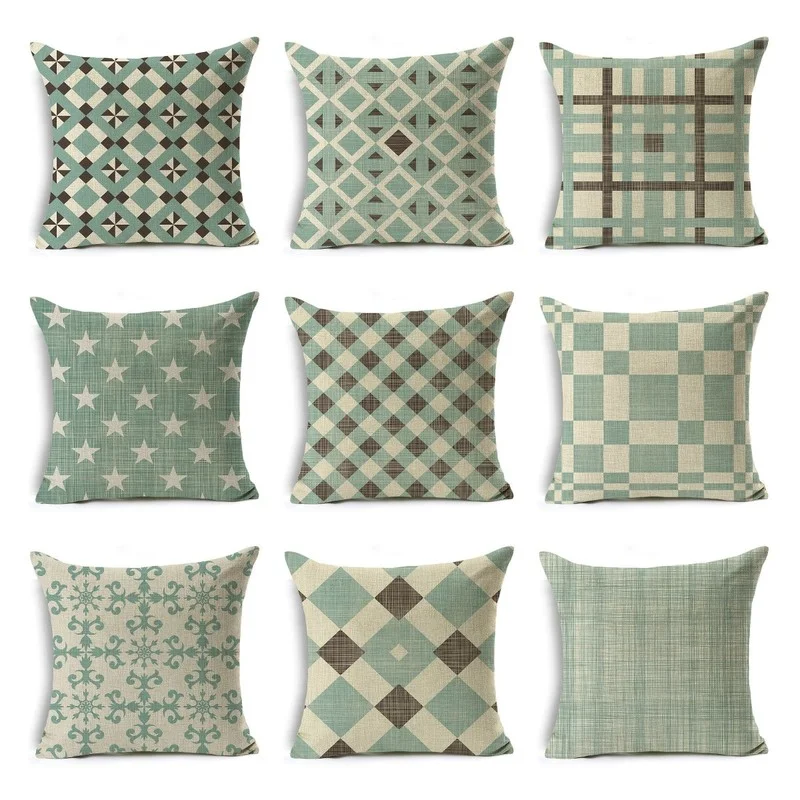 

Geometric Light Green Fresh Style Cushion Cover 45x45cm Linen Decorative Pillowcase Home Sofa Bed Throw Pillow Case