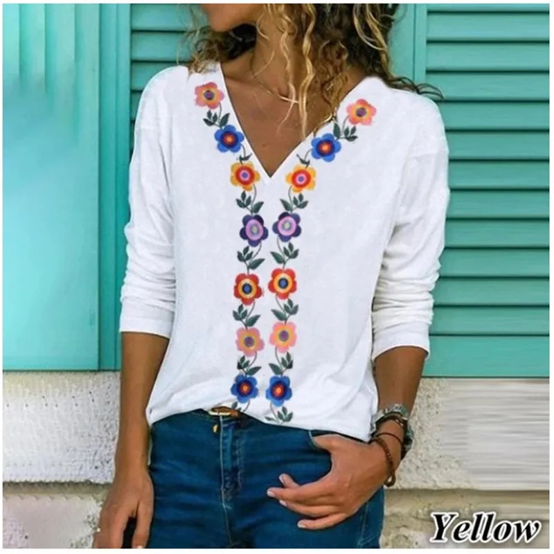

V-neck Long-sleeved T-shirt Printing Fashion Casual Top 2022 Spring and Autumn New Clothing Women