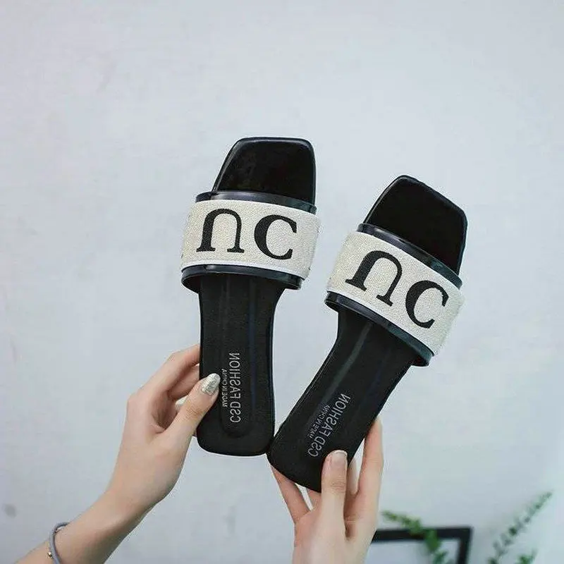 

Summer Women Sandals Shoes Letter Print Casual Women Flats Ladies Fashion Canvas Beach Slippers Big Size 35-42