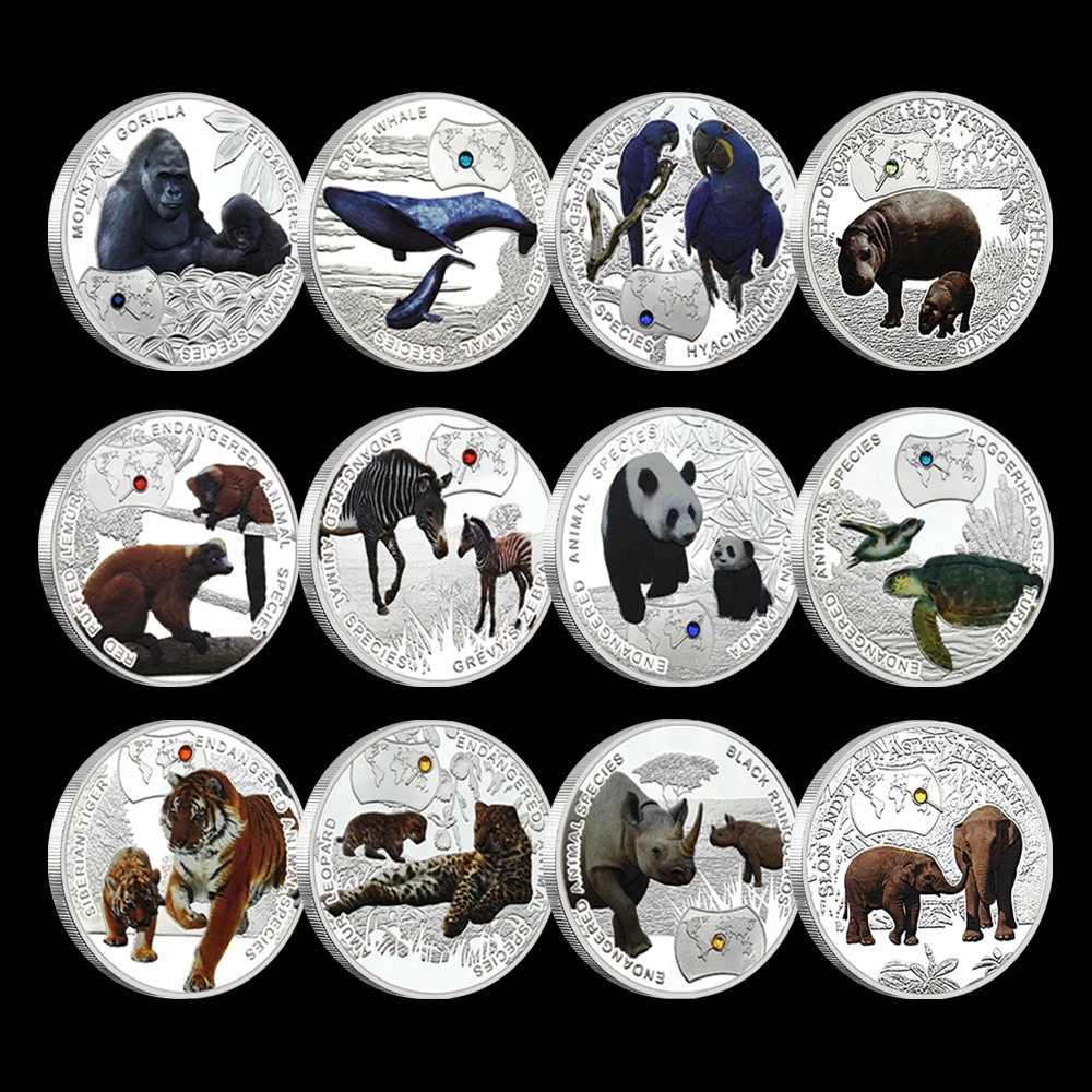 

Endangered Animals of The World Silver Plated Challenge Coin Colored Commemorative Medal of Rare Animals Collect Gift