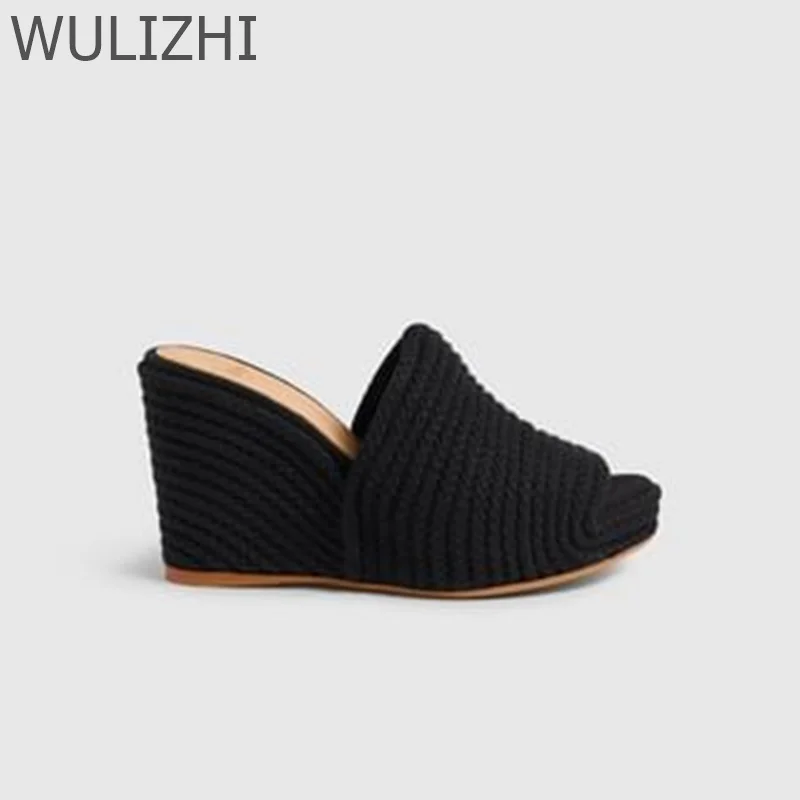 Women Shallow Casual Woven Espadarille Wedge Heels Low Platform Round Toe Slippers Striped Design Sporty Sandals Gladiator Shoes