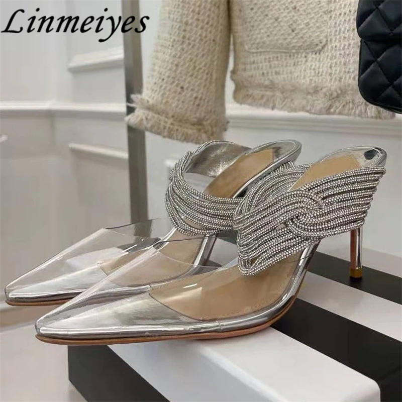

New Designer Thin Heel Slippers Women Crystal Slides Ladies Summer Clear PVC Sexy Runway Shoes High Heel Sandals Female