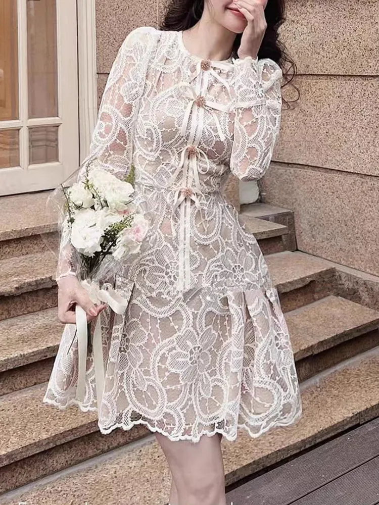 

Женское винтажное мини-платье SMTHMA, кружевное платье с бантом и пуговицами, с длинным рукавом, Осень-зима