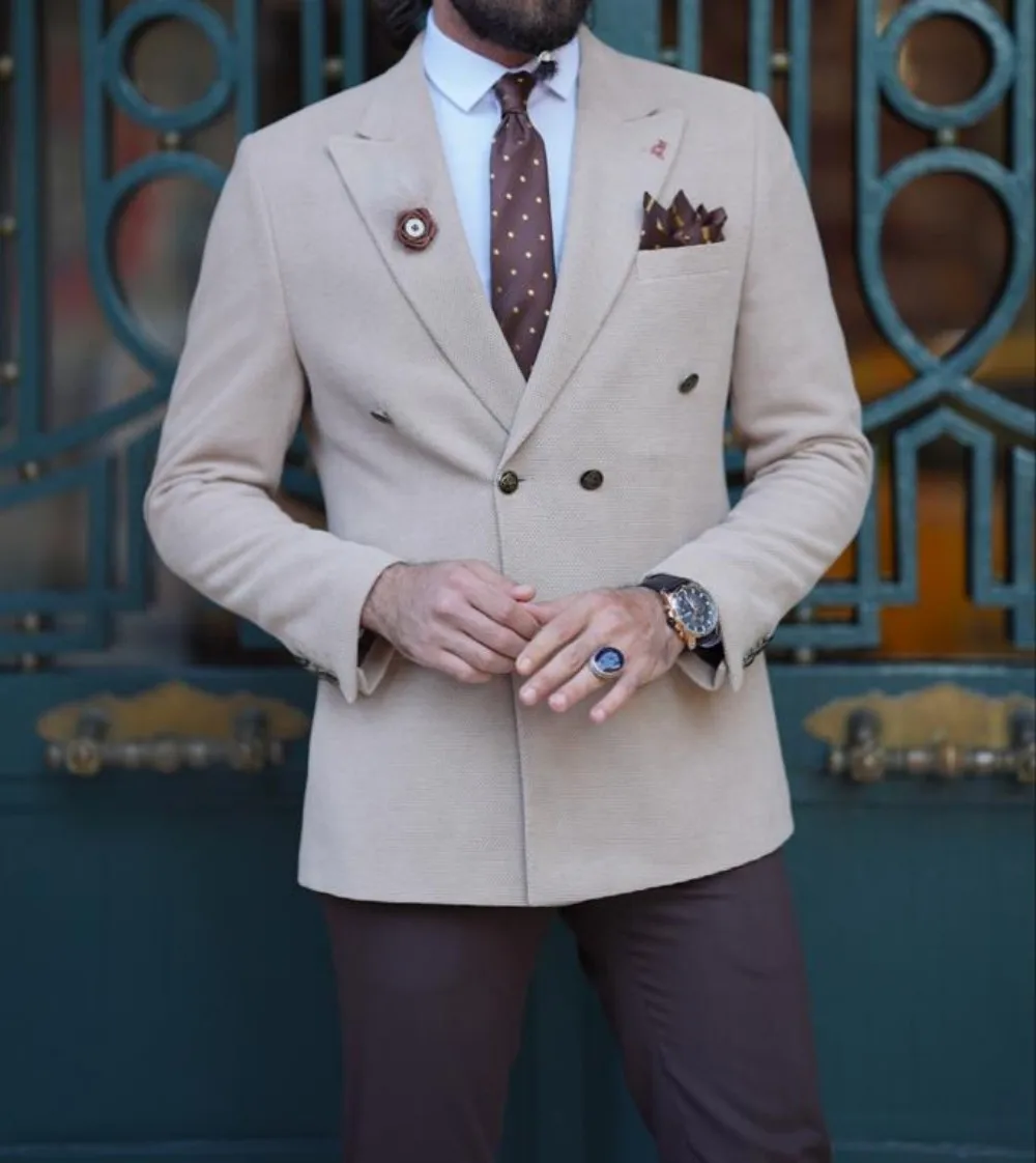 

Высококачественные шерстяные мужские костюмы, двубортные приталенные костюмы с пиковым отложным воротником для свадьбы, пиджак и брюки, му...