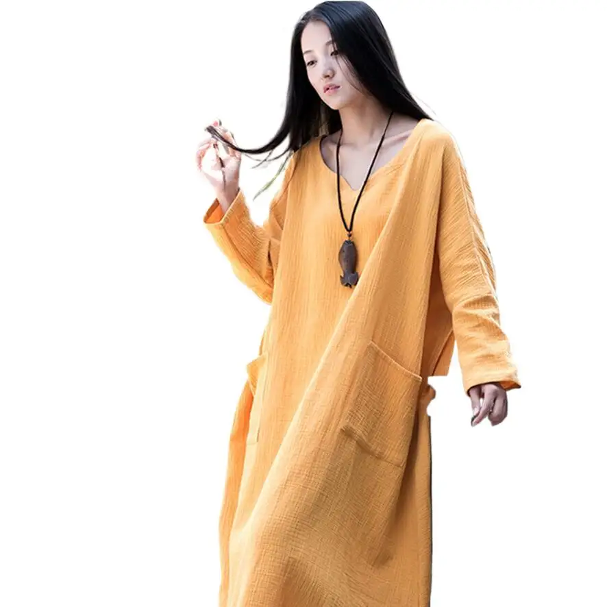 

Платье-Макси женское из хлопка и льна, свободное однотонное длинное винтажное платье с длинным рукавом, в стиле оверсайз, осень-лето