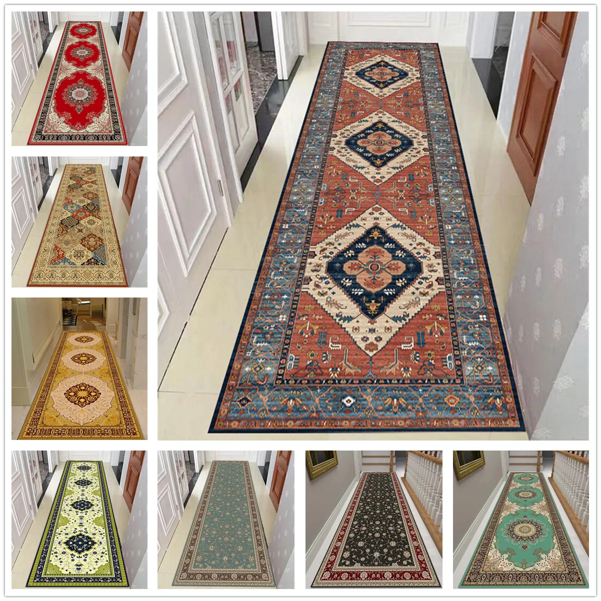 

Moroccan Style Living Room Rug Persian Long Corridor Carpet Hallway Kitchen Bedroom Mat Flannel Non-slip Floor Area Rug Doormat