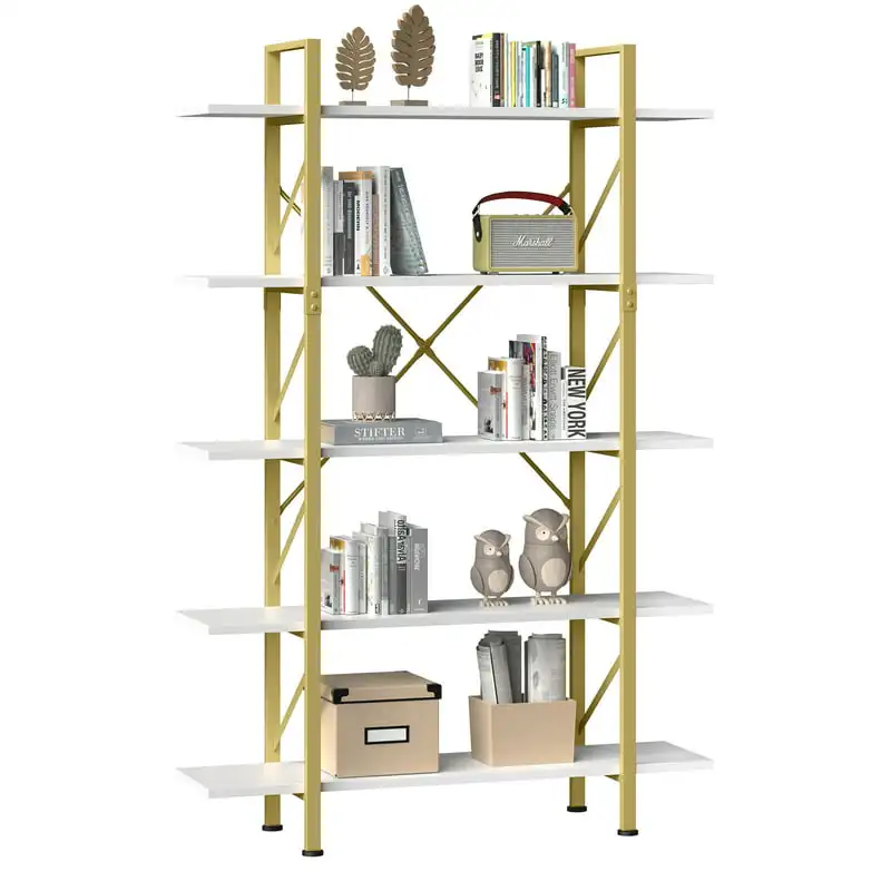 

5-Tier Book Shelves and Bookcase, Steel Freestanding Open Display Storage Bookshelf Organizer for Home Office, Gold & White