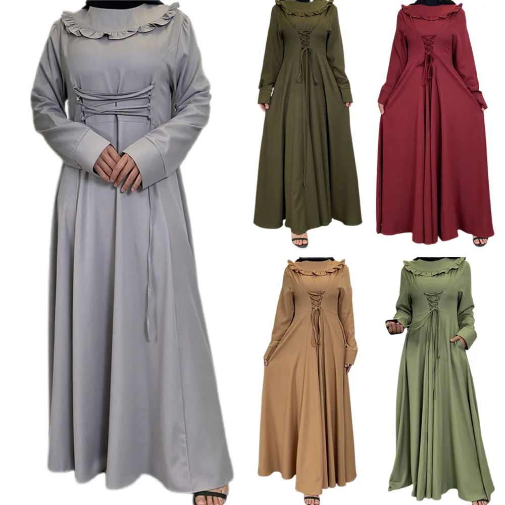 ИД Рамадан, мусульманское женское длинное платье, абайя, ислам, кафтан, Арабская, Турция, Дубай, Ближний Восток, однотонное Макси-платье с обо...