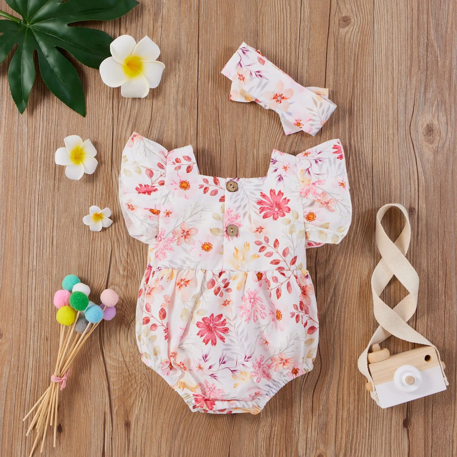 

2022 Baby Girl Clothes Infant Casual Outfits Floral Flying Sleeve Romper Toddler Children Cute Bow Bodysuit Jumpsuit For Kids