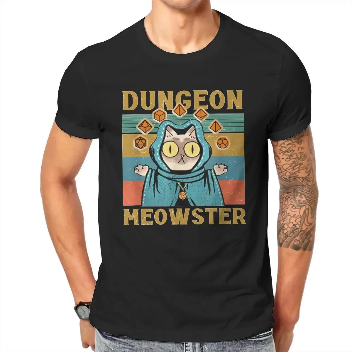 

Awesome Dungeon Meowster Nerdy Gamer Cat D20 Dice RPG T-Shirts Men Cotton T Shirts Short Sleeve Tee Shirt Plus Size Clothes