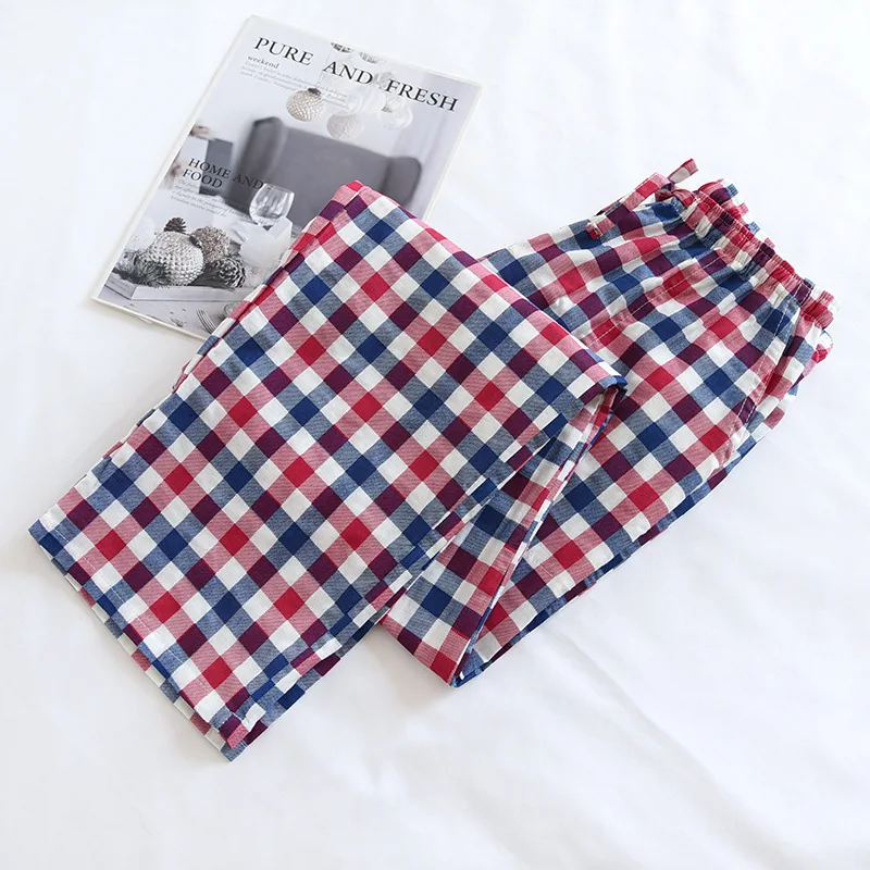 Fdfklak Couple Pajamas Trousers Cotton Gauze Spring Autumn Summer Thin Plaid Home Pants Loose Sleepwear Women And Men Pant