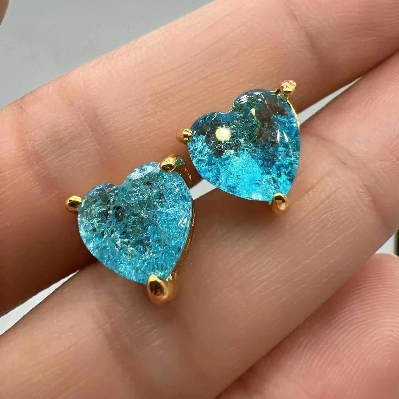 

Exquisite Inlaid with Sea Blue Zircon Heart Stud Earrings for Women Fashion Gold Color Engagement Wedding Earrings Jewelry Gift