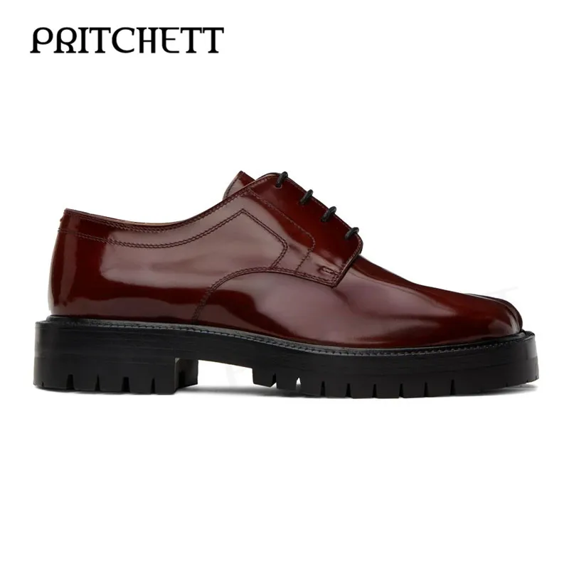 

Burgundy Tabi Lace-Up Derbys Polished Genuine Leather Leather Shoes Classic Textured Outsole Midsole Comfortable Men's Shoes