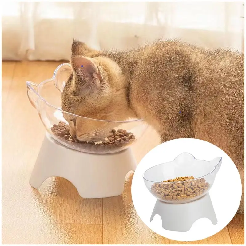 

Pet Cat Bowl With Stand Non-Slip Neck Protector Water Food Feeder Transparent Inclined Cat Ear Shape Round Puppy Accessories