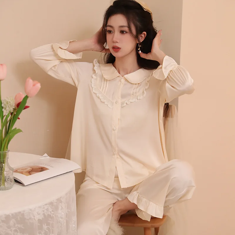 SXTHAENOO Retro Palace Ice Silk Long Sleeve Pajama Set Fashion Elegant Lapel Cardigan Loose Pajamas Suit Sleepwear пижамаженская