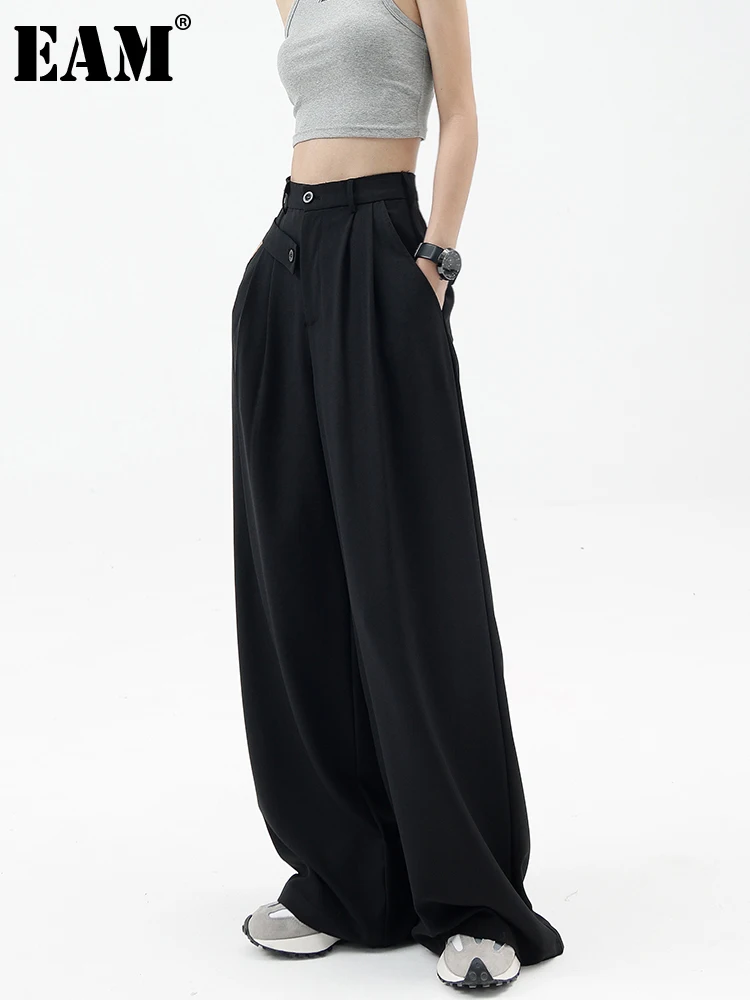 

[EAM] серые короткие длинные плиссированные широкие брюки с высокой талией, новые свободные женские брюки, модные весенне-осенние 2023 1DE9504