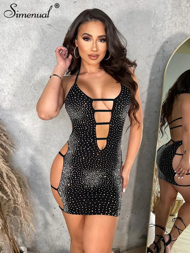 

Simenual Halter Glitter Diamonds Summer Dresses Woman 2022 Sexy Backless One Piece Ladies Bandage Cleavage Cut Out Streetwear
