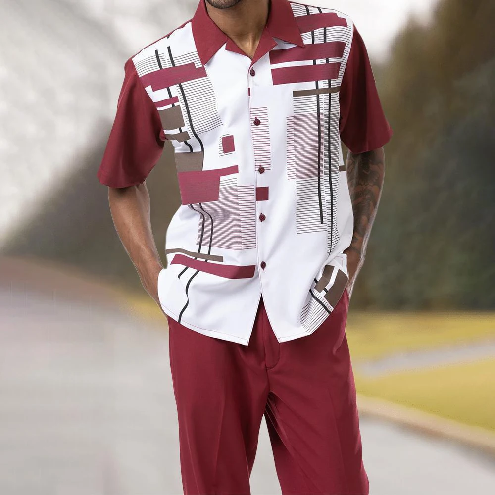 Casual Hawaiian Shirt Suit Men's Summer Vacation Beach Style Print Contrast Color Short-sleeved Shirt Trousers Two-piece Set