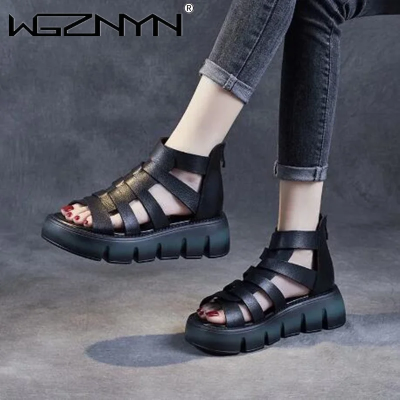 

Сандалии женские из натуральной кожи, брендовые римские босоножки на высокой платформе, сандалии с перекрестными ремешками, открытый носок...