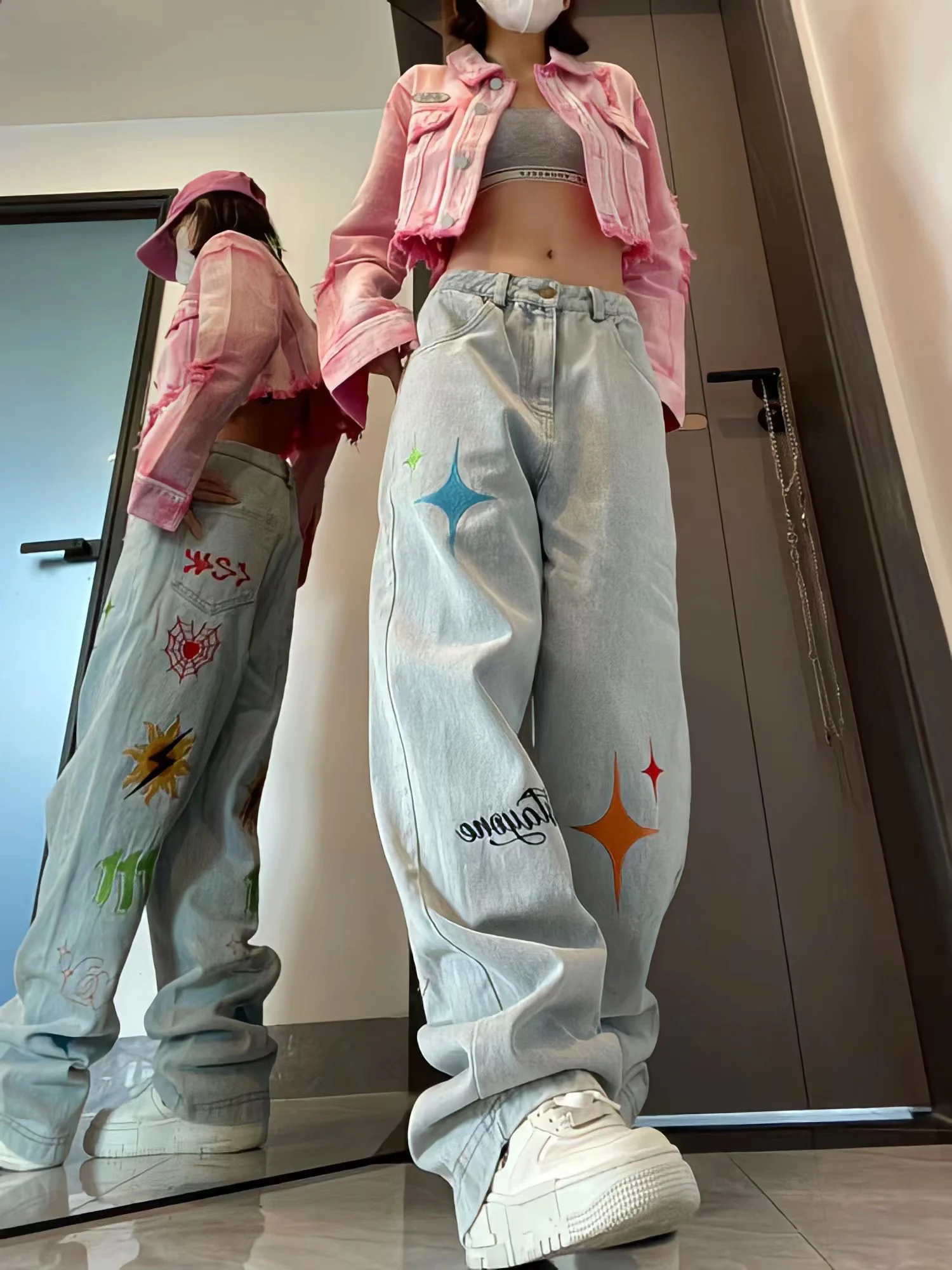 Y2k Embroidery Jeans High Waist Wide Leg Fashion Straight  Women Trousers Vintage Washed Distressed Cartoon Print Mopping Pants