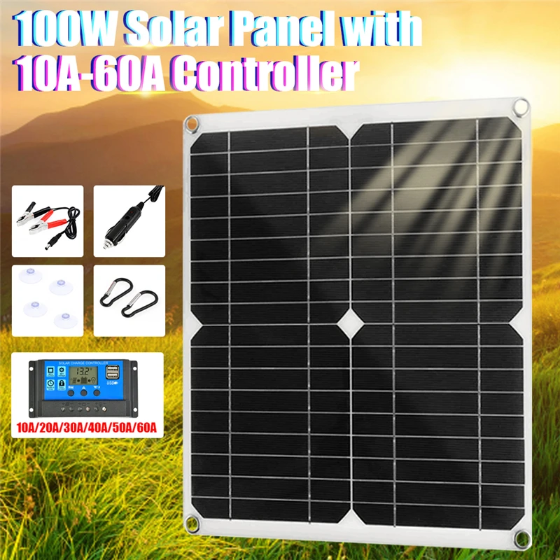 

100W Solar Panel with 10/20/30/40/50/60A Solar Controller Kit Complete Emergency Power Supply Generator for Phone Outdoor