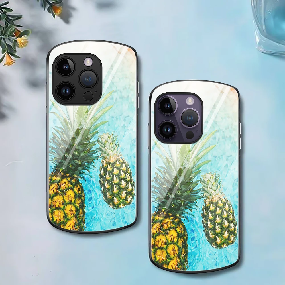 

Pineapple Fruit Case for Iphone 14 11 13 12Mini Pro Max XS X XR 7 8Plus SE2022 2020 Luxury Oval Tempered Glass Cover Fundas