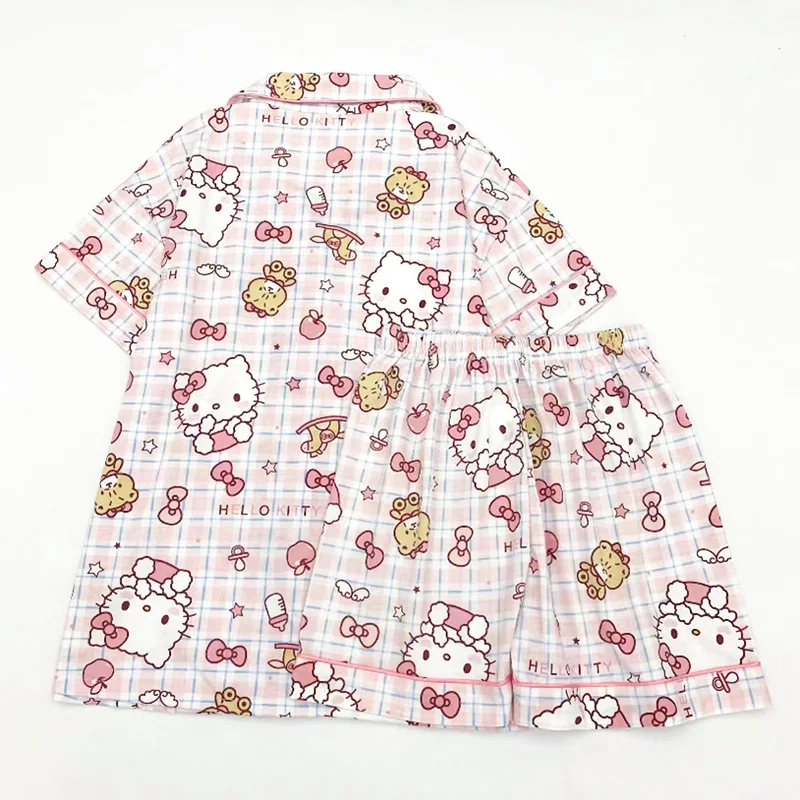 

Kawaii Hello Kity Sanrio Summer Lattice Small Lapel Loose Pajamas Anime Girl Heart Outside Casual Home Wear Thin Section Set