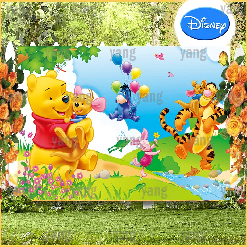 Cute Custom Colorful Balloon Disney Baby Shower Winnie Bear Tigger Piglet Party Banner Background Birthday Backdrop Decoration