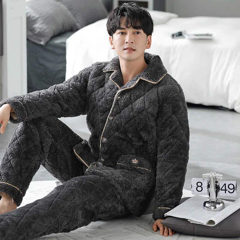 QUHENG Flannel Sleepwear New Men's Thicken Warm Winter Fleece Pajamas Set Nightgown Long Sleeve Button  Pijamas Home Clothes