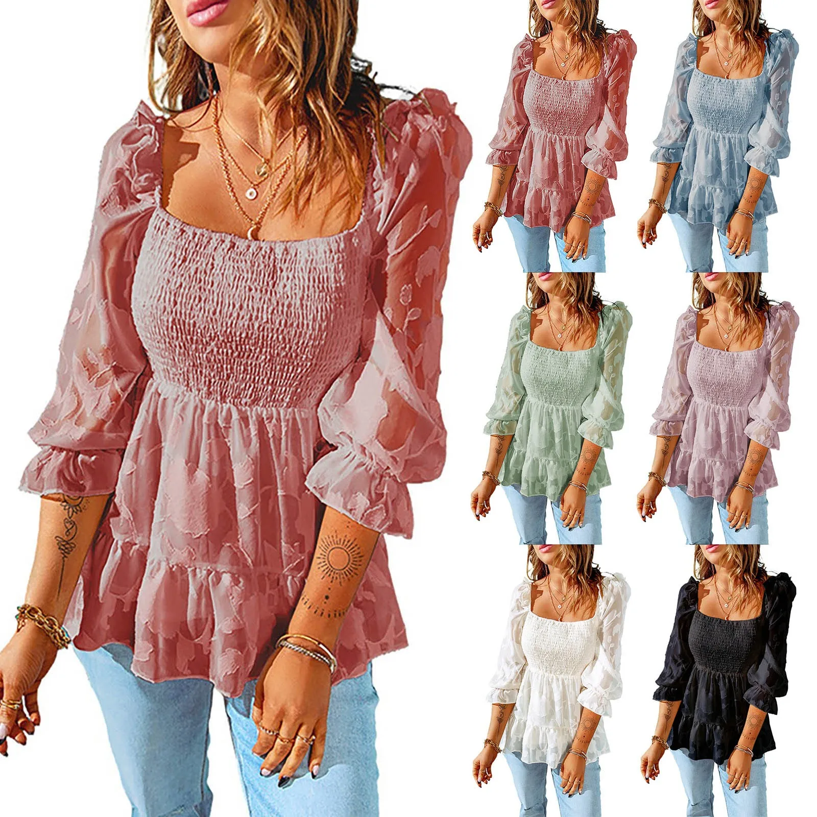 

Women Tops And Bloues Sexy Women Long Sleeve Square Neck Shirt Drawstring Off Shoulder Blouse Ruffle Puff Sleeve Tunic Crop Top