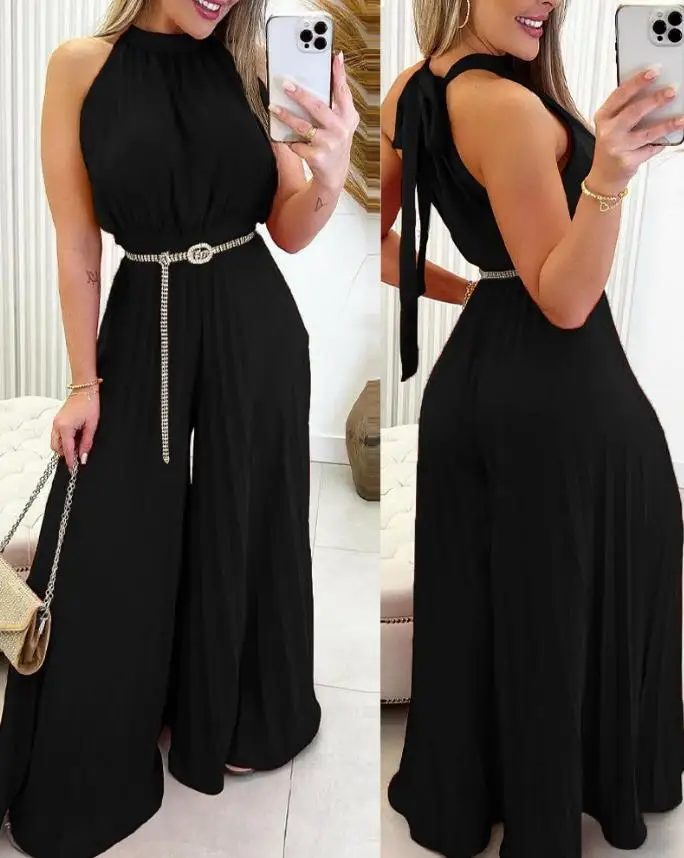 New Summer Loose Style Overalls for Women Sleeveless Pleated Wide Leg Jumpsuit Without Belt