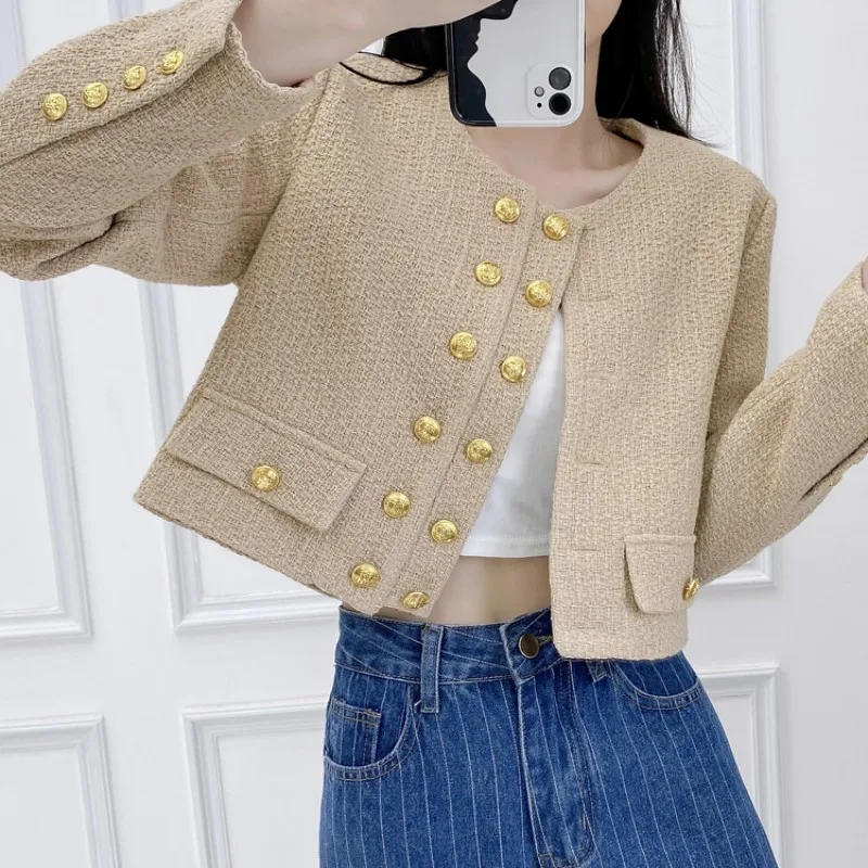 

Runway Fall French Women's Clothes Glod Button Luxury Tweed Woolen Small Fragrance Double Breasted Coat Chic Jacket Casaco Top