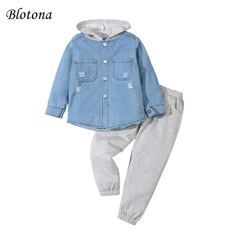 

Blotona Kids Boys 2Pcs Outfit, Long Sleeve Hooded Jacket with Solid Color Elastic Waist Pants Fall Outfit 4-7Years