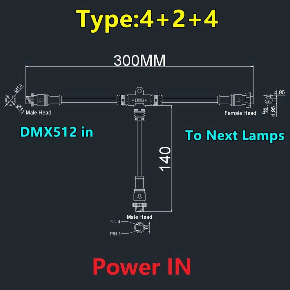

IP68 waterproof cable 2 line AW16 to power supply 2 line AW22 to data transfer T Type DMX512 System Connector XLR to lamps DIY