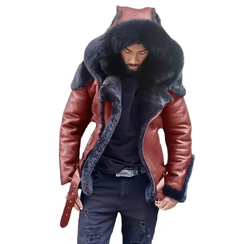 

NEW IN New Men's Artificial Leather Coat Winter Large Size Jacket with Fur Collar and Long Sleeve Wool Lining Casual Men&#39