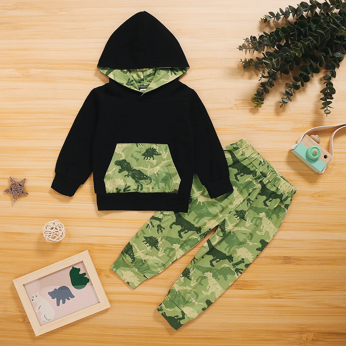 

1-7T Spring And Autumn Hooded Sweater Boys Children's Suit Cartoon Dinosaur Print Top Pants Two Piece Set