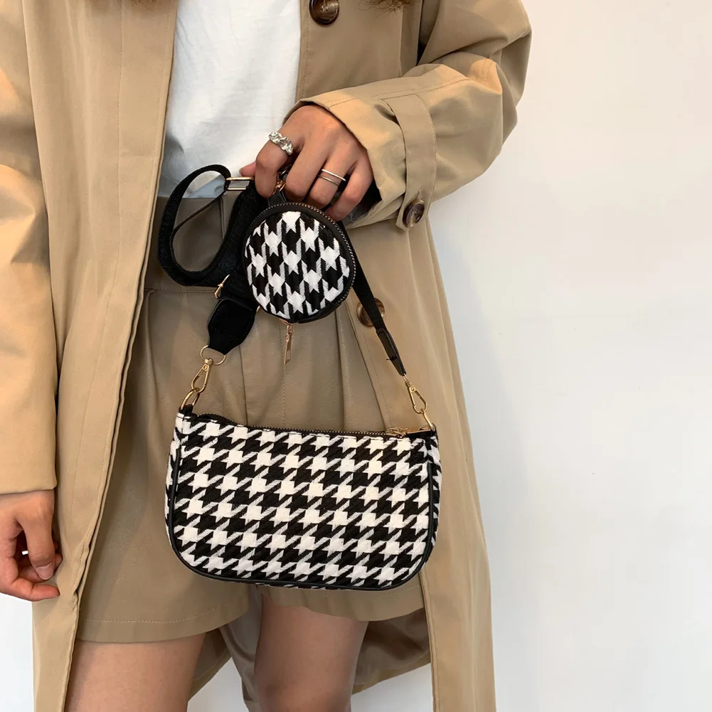 

Female Vintage Plaid Printing Shoulder Bags with Mini Round Purse Pendant Women Bags Casual Small Crossbody Bags 2pcs Composite