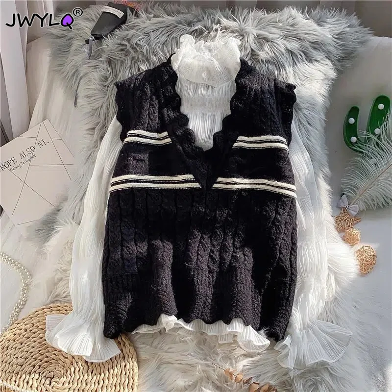 

Sweater Vests Women Harajuku Retro Young Ins 3xl Loose Leisure V-neck Wave Edge Knit Korean Sleeveless Female Soft Y2k Clothes