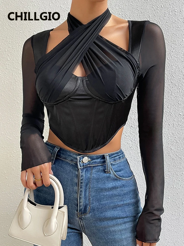 

Женская сетчатая блузка с длинным рукавом, с вырезами