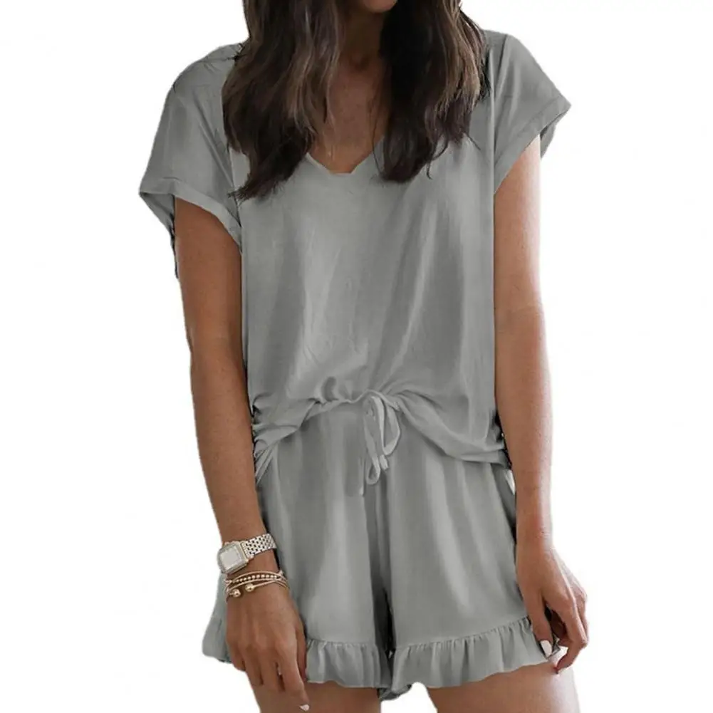 

Set Woman 2 Pieces V-Neck Short Sleeve Drawstring Nightwear Set Pure Color Top Ruffle Shorts Loungewear Set for Wedding Night