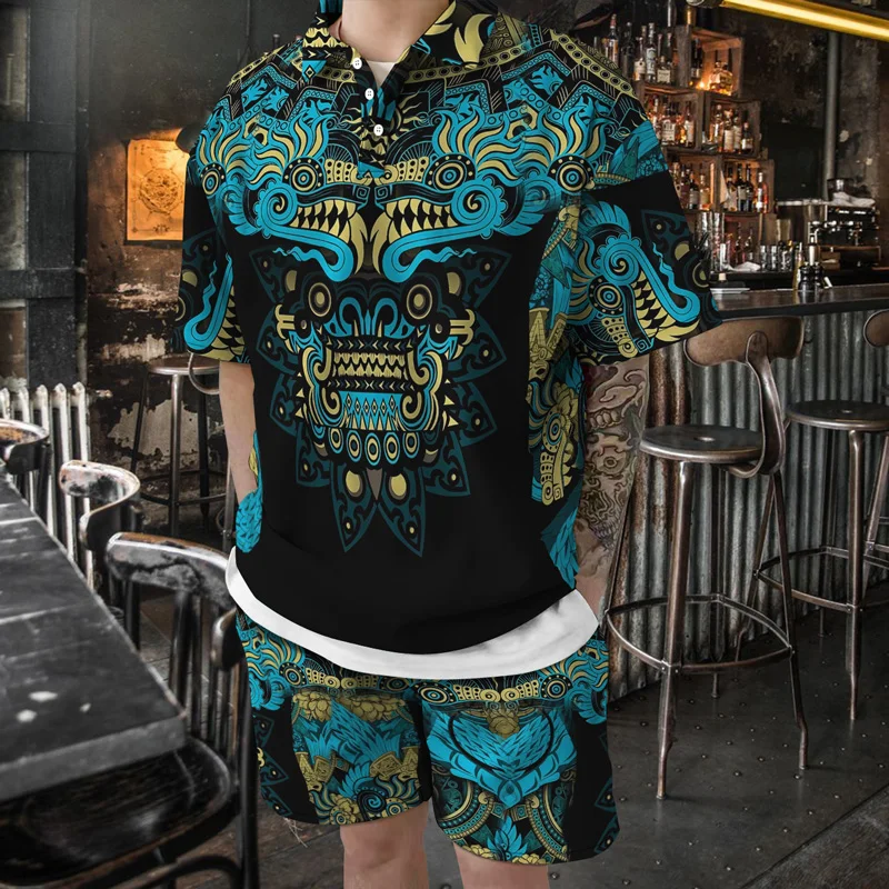 

Viking Print Men Suit Summer Polo Shirt Beach Shorts Leisure Brand Streetwear Fashion Clothes 2 Piece Set High Street Hip Hop